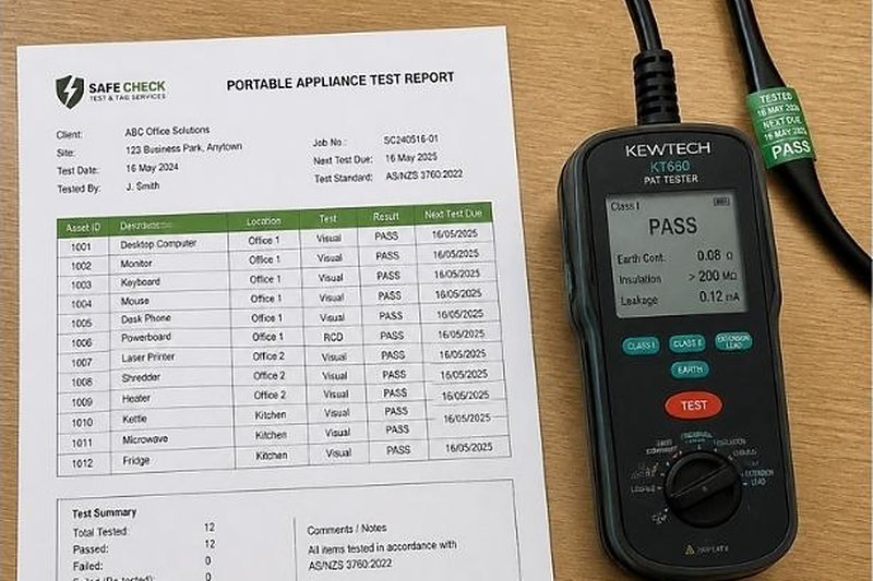 Test report and pass labels beside a portable appliance tester