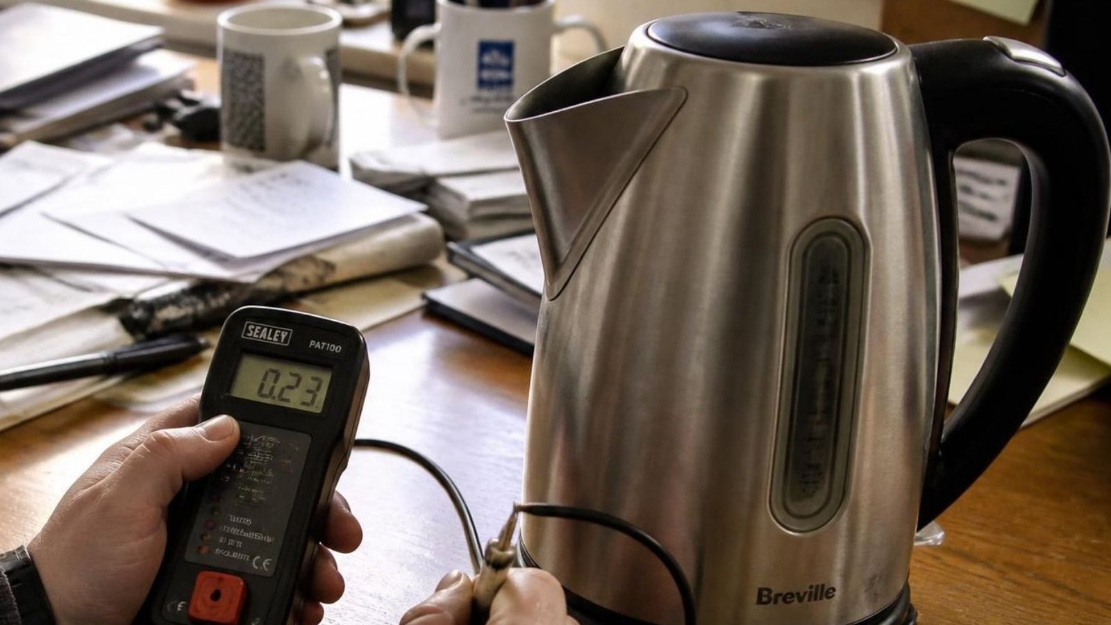 PAT testing an office kettle with a Seaward tester in Yorkshire
