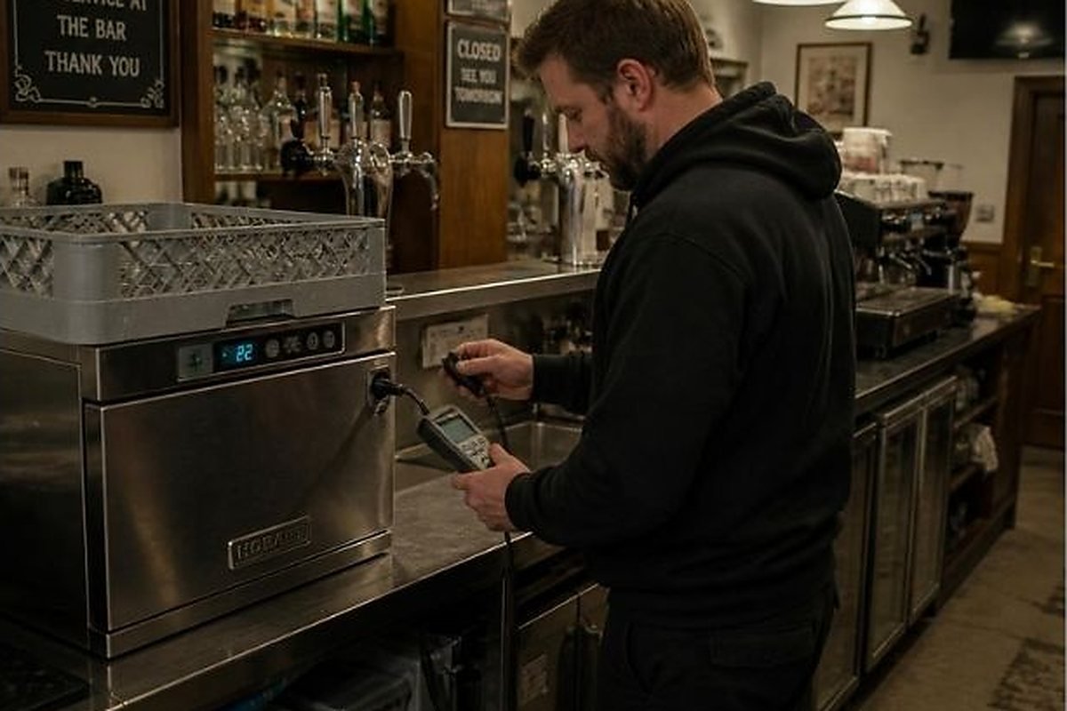 Testing a coffee machine and glass washer behind a bar after closing
